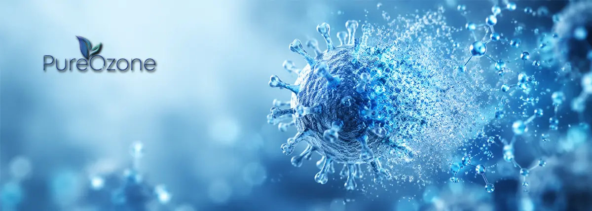 Visualización científica de la oxidación de un virus mediante ozono, tecnología PureOzone