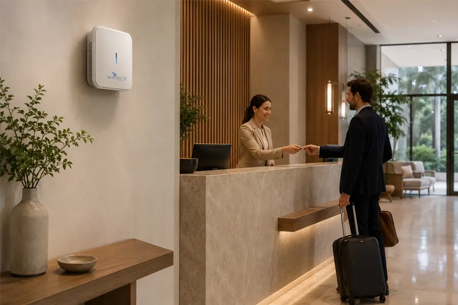 Purificador de ozono PureOzone instalado en espacio comercial para mejorar la calidad del aire