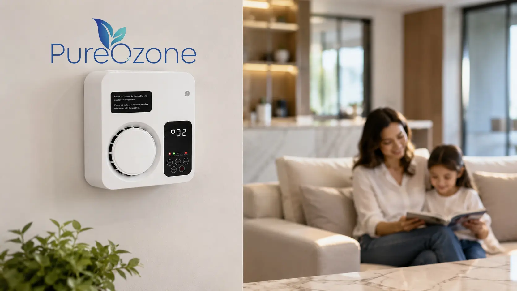 Generador de ozono PureOzone instalado en el hogar protegiendo a una familia